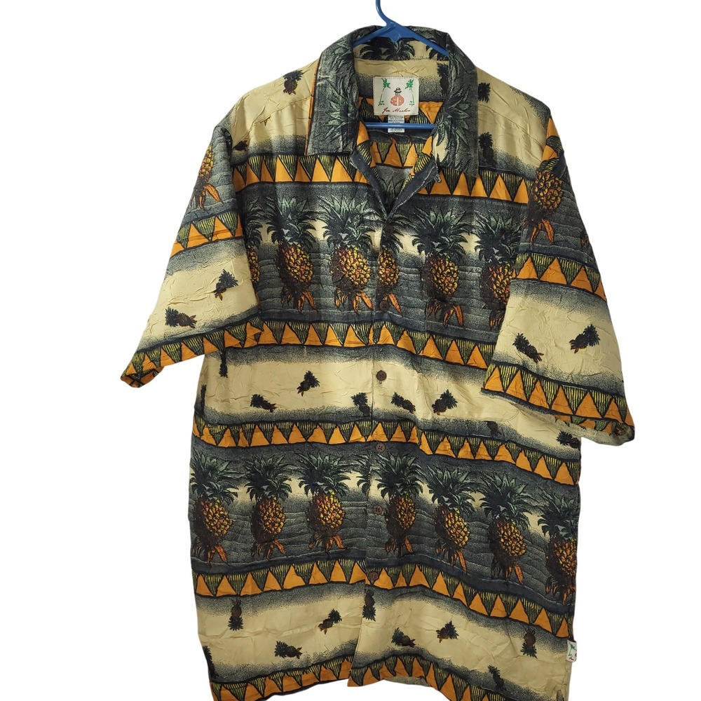 Joe‎ Marlin Mens XL Hawaiian Aloha Shirt Pineapple Tapa Tribal Print Tan Orange